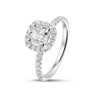 New Arrivals - 1.00 carat solitaire halo ring with a cushion diamond in white gold with round diamonds