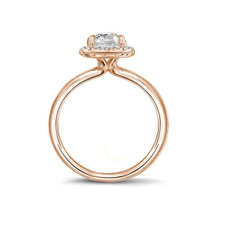 Rings - 1.50 carat solitaire halo ring with a cushion diamond in red gold with round diamonds