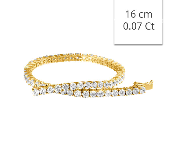 a yellow gold diamond tennis bracelet with 50 individual diamonds on a white background