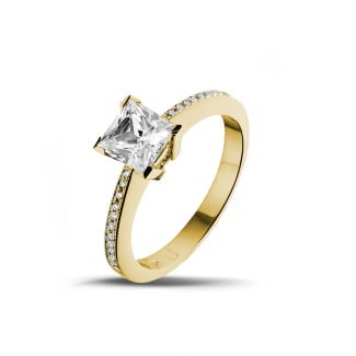 Yellow gold jewellery bestsellers - 1.20 carat solitaire ring in yellow gold with princess diamond and side diamonds