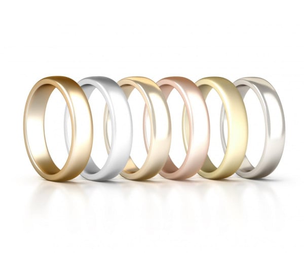 six wedding rings in various gold types displayed on a clean white background, showcasing the different types of gold jewellery