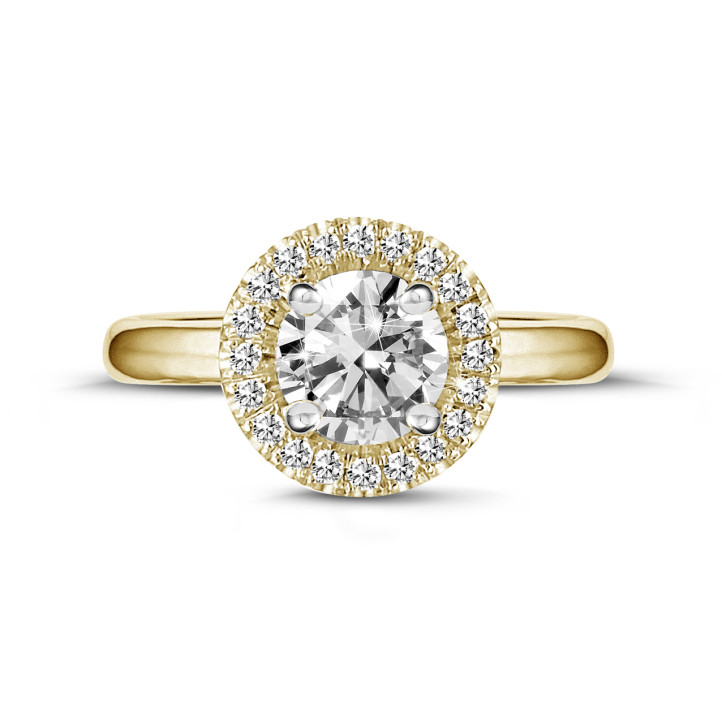 1.50 carat solitaire halo ring in yellow gold with round diamonds