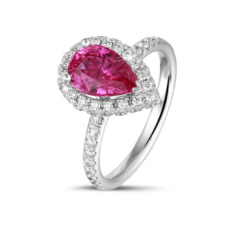 Engagement - Halo ring in white gold with a pink, pear cut sapphire and round diamonds