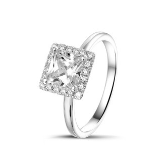 Rings - 1.00 carat solitaire halo ring with a princess diamond in white gold with round diamonds