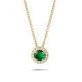 Halo necklace in yellow gold with a central emerald and round diamonds