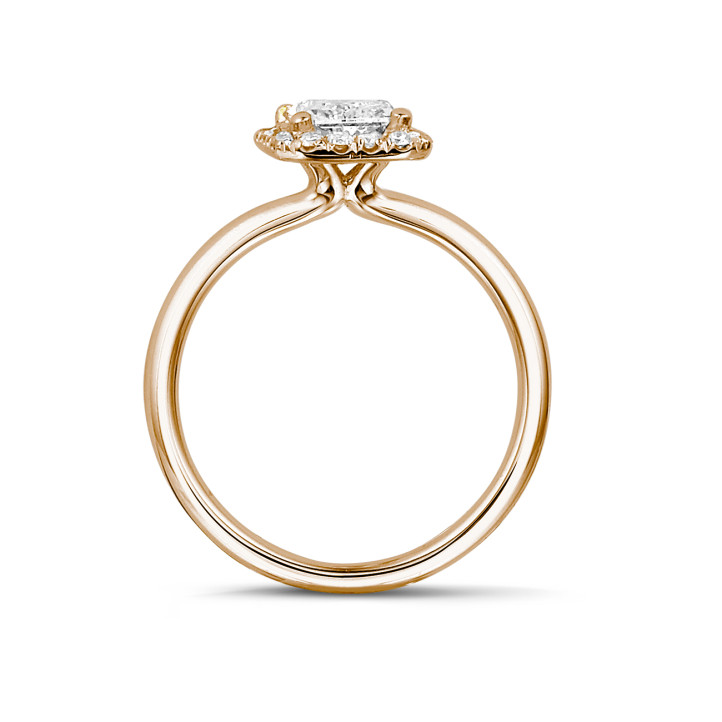 1.50 carat solitaire halo ring with an asscher cut diamond in red gold and round diamonds