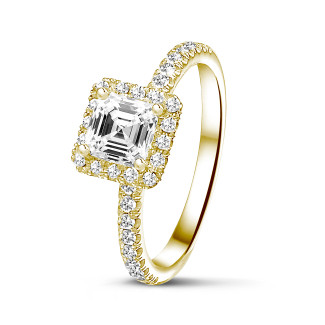 0.70 carat solitaire halo ring with an asscher cut diamond in yellow gold and round diamonds