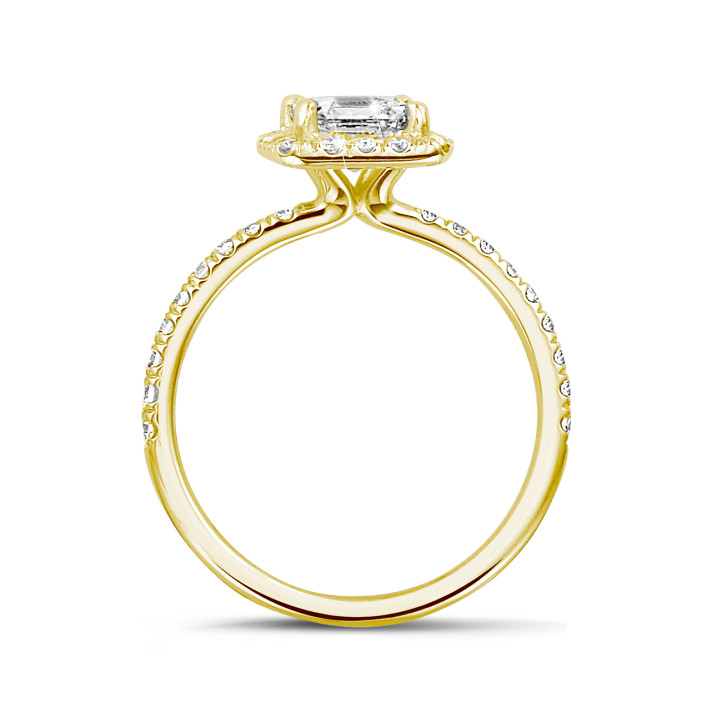1.20 carat solitaire halo ring with an asscher cut diamond in yellow gold and round diamonds