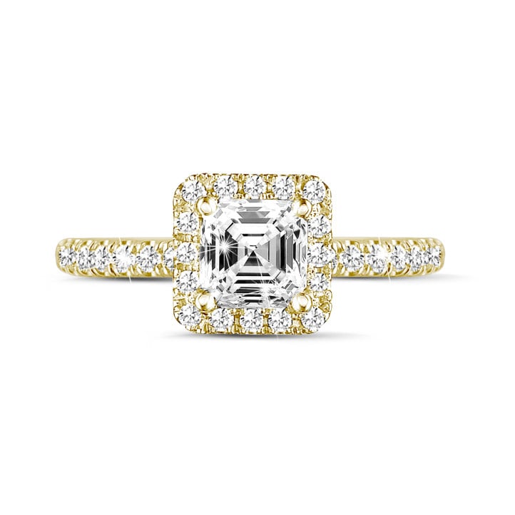 2.00 carat solitaire halo ring with an asscher cut diamond in yellow gold and round diamonds