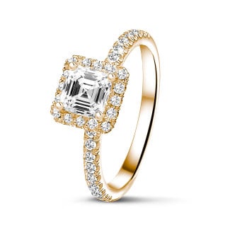 Fancy shape jewellery - 1.50 carat solitaire halo ring with an asscher cut diamond in red gold and round diamonds
