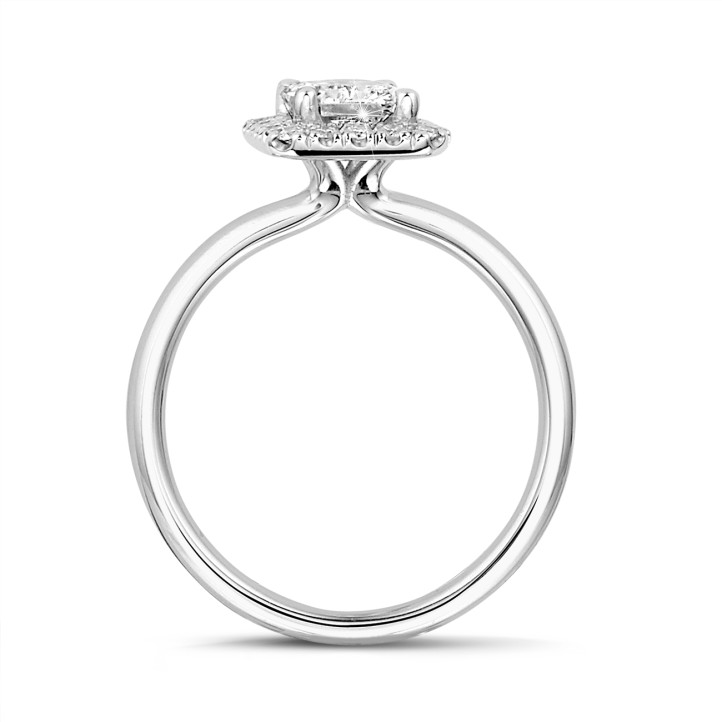 2.00 carat solitaire halo ring with a radiant cut diamond in white gold with round diamonds