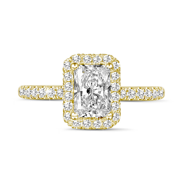 1.00 carat solitaire halo ring with a radiant cut diamond in yellow gold with round diamonds
