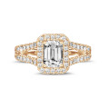 1.00 carat solitaire ring in red gold with an emerald cut diamond and side diamonds