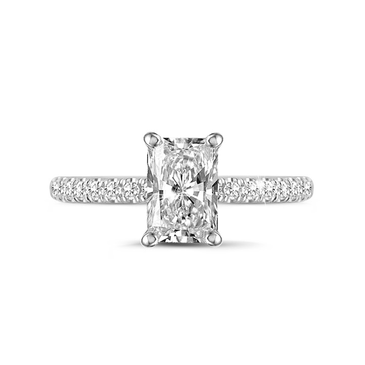 0.70 carat solitaire ring with a radiant cut diamond and hidden halo in white gold