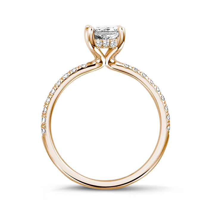 1.20 carat solitaire ring with a radiant cut diamond and hidden halo in red gold