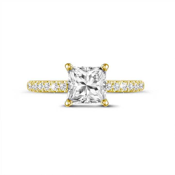1.50 carat solitaire ring with a princess diamond and hidden halo in yellow gold