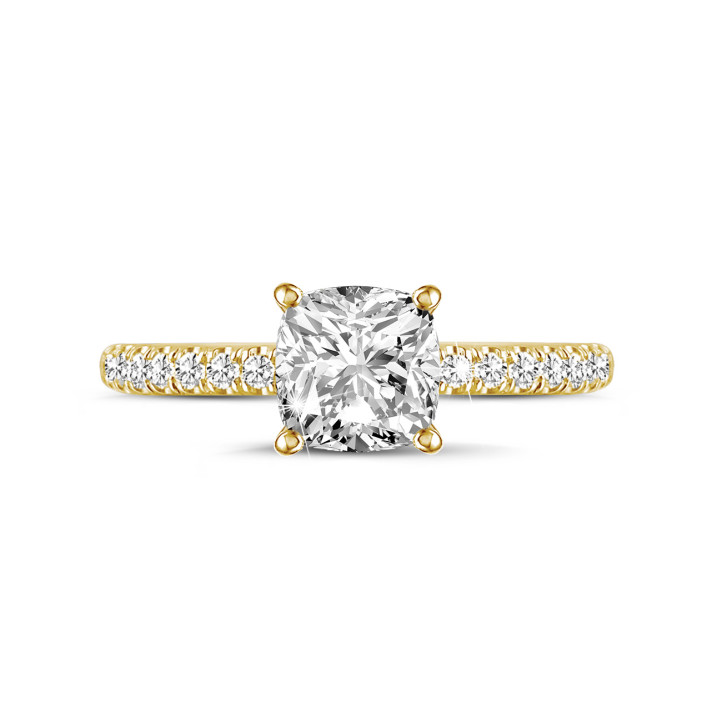 2.00 carat solitaire ring with a cushion diamond and hidden halo in yellow gold