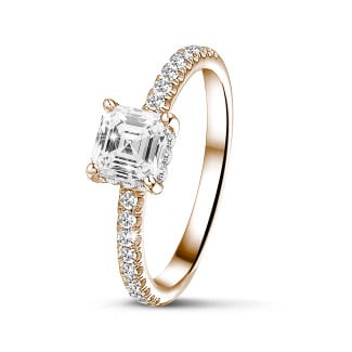 Rings - 1.00 carat solitaire ring with an asscher cut diamond and hidden halo in red gold