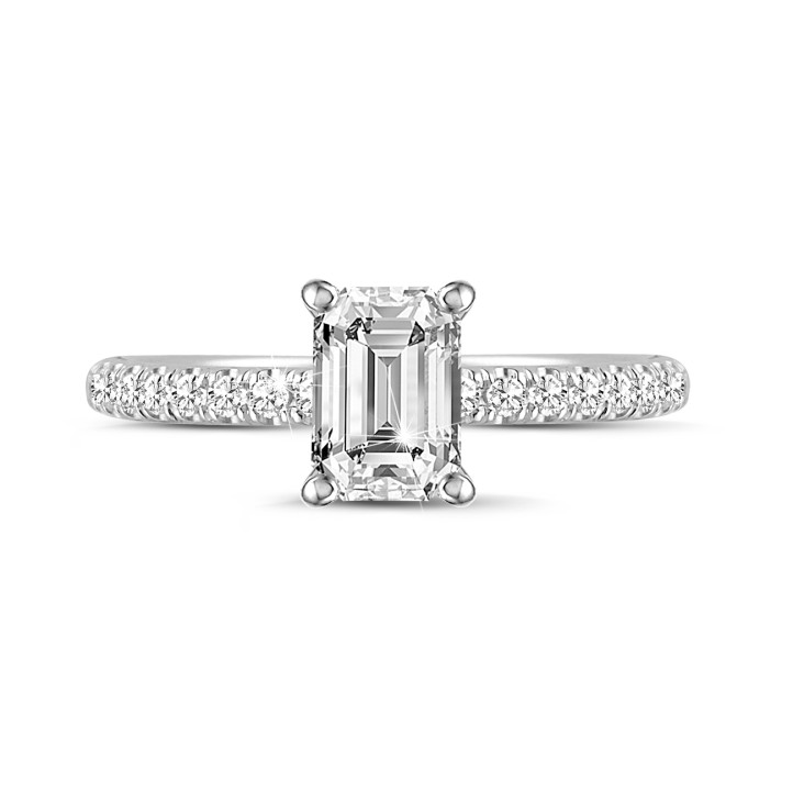0.70 carat solitaire ring with an emerald cut diamond and hidden halo in white gold