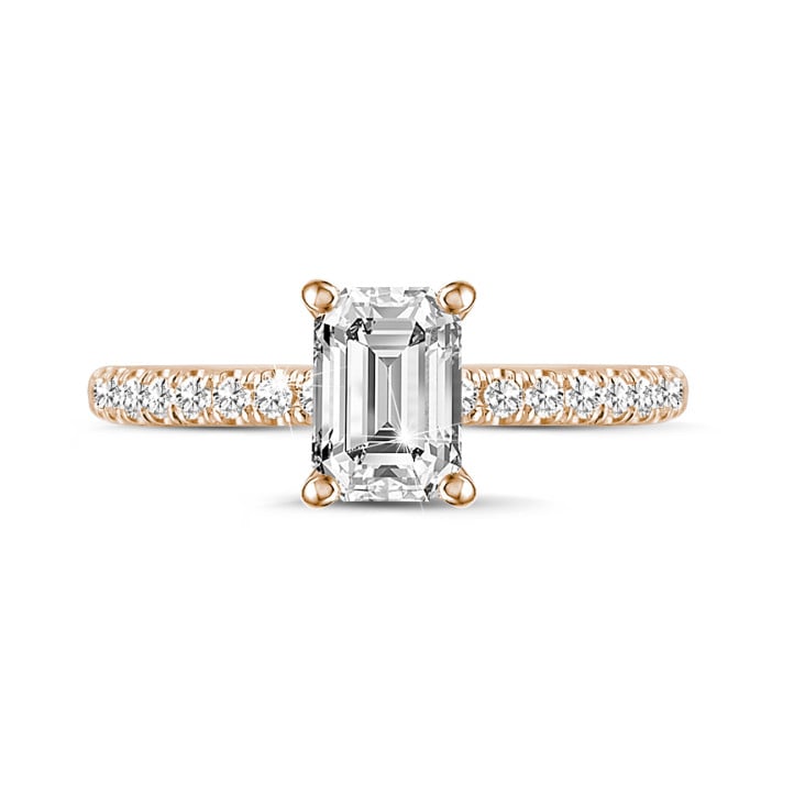 1.00 carat solitaire ring with an emerald cut diamond and hidden halo in red gold