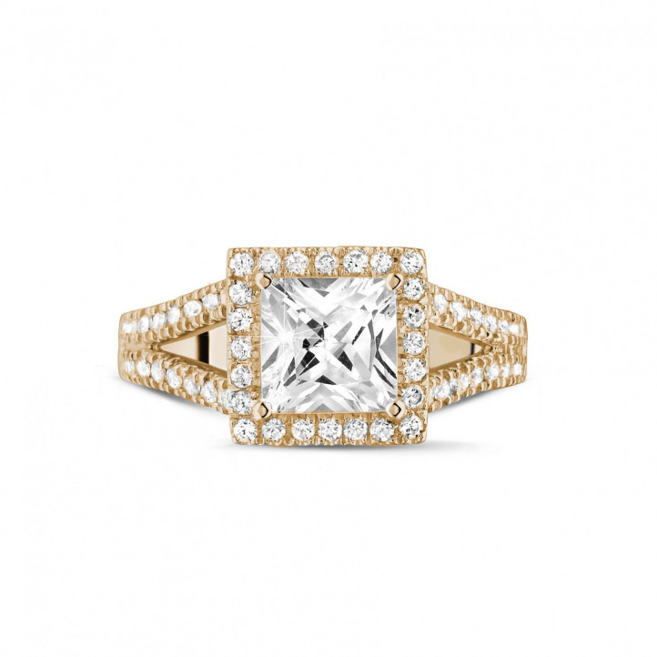 1.50 carat solitaire ring in red gold with princess diamond and side diamonds