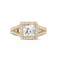 1.50 carat solitaire ring in red gold with princess diamond and side diamonds