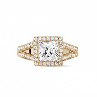 Engagement - 1.50 carat solitaire ring in red gold with princess diamond and side diamonds
