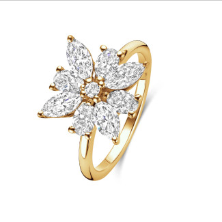 Rings - Flower Ring with Marquise cut Diamond Petals