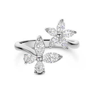 Flower and Butterfly combination ring with Diamonds in white gold
