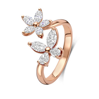 Flower and Butterfly combination ring with Diamonds in red gold