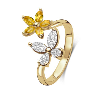 Rings - Flower and Butterfly combination ring with Diamonds and Yellow Sapphires in yellow gold