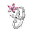 Flower and Butterfly combination ring with Diamonds and Pink Sapphires in white gold