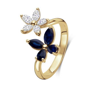 Rings - Flower and Butterfly combination ring with Diamonds and Blue Sapphires in yellow gold