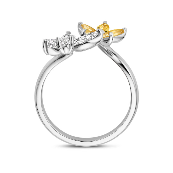 Flower and Butterfly combination ring with Diamonds and Yellow Sapphires in white gold