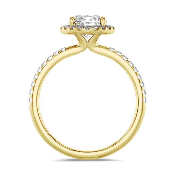 1.20 carat solitaire halo ring in yellow gold with round diamonds