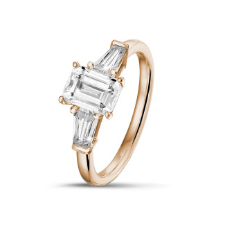 Rings - 2.00 carat trilogy ring in red gold with an emerald cut diamond and tapered baguettes