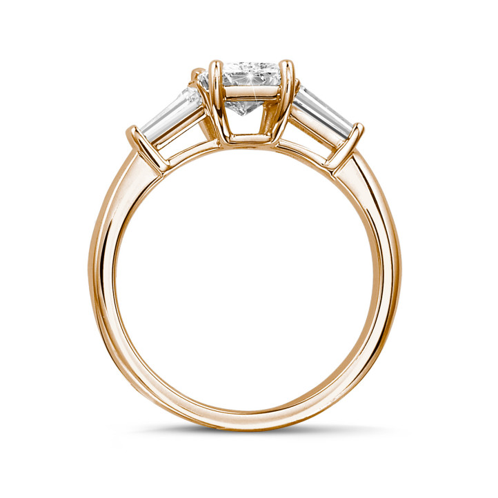 2.00 carat trilogy ring in red gold with a radiant cut diamond and tapered baguettes