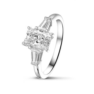 2.00 carat trilogy ring in platinum with a radiant cut diamond and tapered baguettes