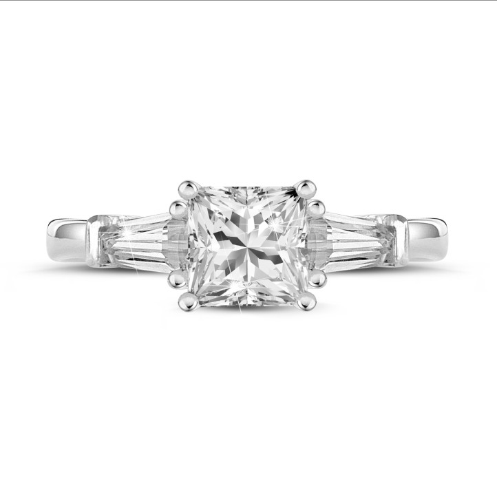 1.50 carat trilogy ring in platinum with a princess diamond and tapered baguettes