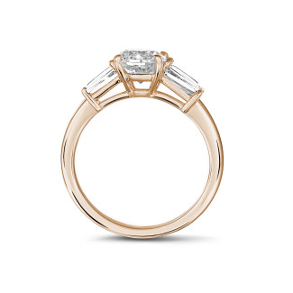 Rings - 1.50 carat trilogy ring in red gold with a cushion diamond and tapered baguettes