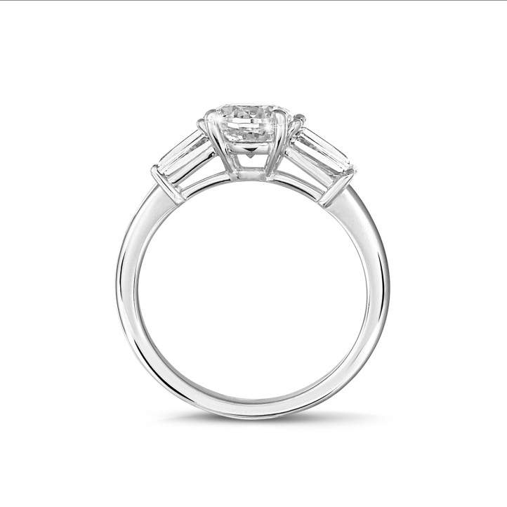 1.50 carat trilogy ring in white gold with pear diamond and tapered baguettes