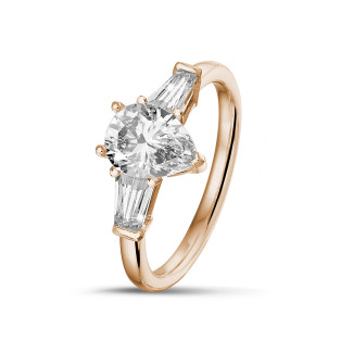 Rings - 1.50 carat trilogy ring in red gold with pear diamond and tapered baguettes