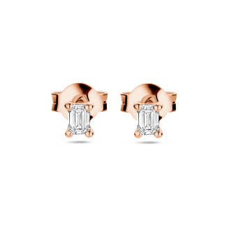 Earrings - 0.30 carat solitaire earrings with emerald cut diamonds in red gold