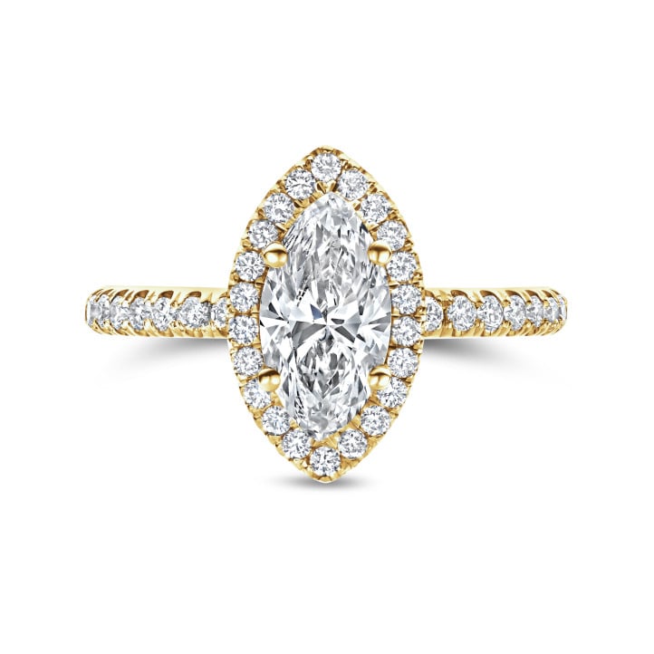 1.20Ct halo ring in yellow gold with Marquise diamond