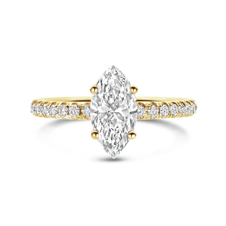1.00 Ct. solitaire ring in yellow gold with Marquise diamond and hidden halo