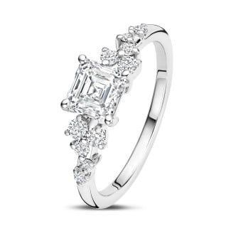 Rings - 1.00 carat solitaire cluster ring in white gold with an asscher cut diamond
