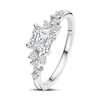 1.50 carat solitaire cluster ring in white gold with an asscher cut diamond
