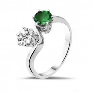 Engagement - Toi et Moi ring in white gold with round diamond and emerald
