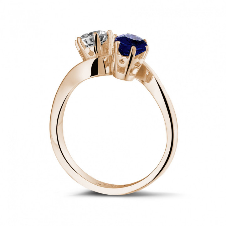 Toi et Moi ring in red gold with round diamond and sapphire