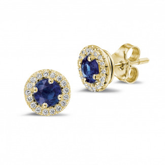 Earrings - Diamond halo earrings in yellow gold with sapphire